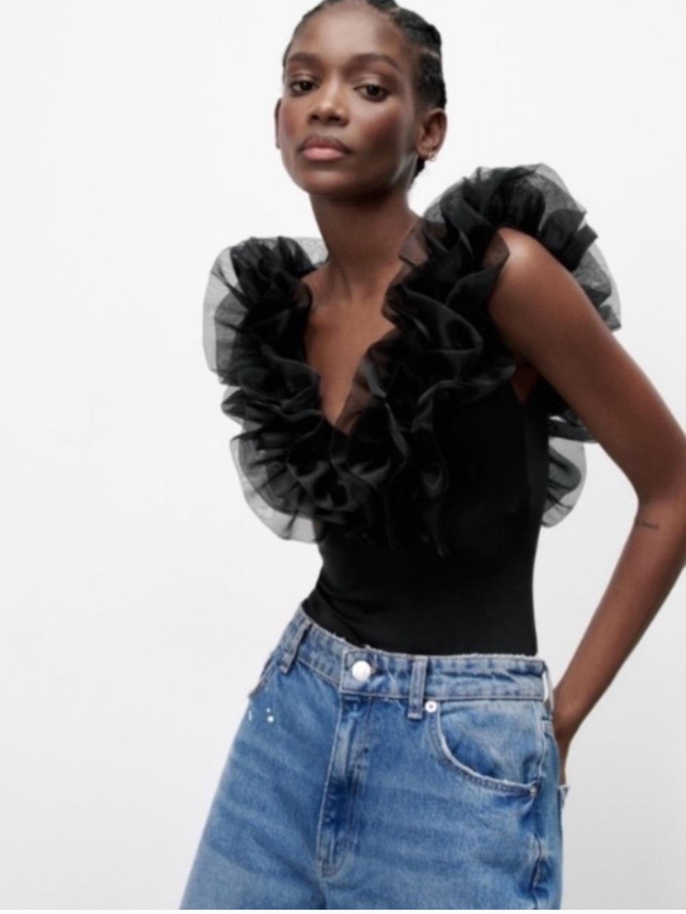 Zara Black Ruffled V-Neck Bodysuit